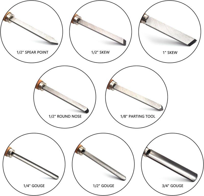 FlixGrdy Professional Wood Turning Chisel Lathe Chisel Set with 2 Skew 1 Spear Point 1 Parting 1 Round Nose & 3 Gouge Tools,8 pcs Set, for Wood Job - Image 2